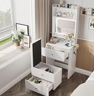 Vabches Make Up Vanity Desk with Mirror and Lights, White Vanity Table Set with Charger Station,Girls Small Vanity and Storage Chair