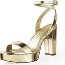 Ankis Platform Heels for Women 4 Inches Chunky Heels Sandals for Women Comfy Open Toe Block Heeled Sandals Nude White Silver Gold Black Ankle Strappy Heels, 8, Gold Pu
