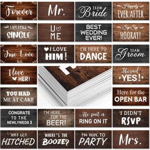 24 Designs Rustic Wedding Photo Booth Props Double Sided 11x5.5 Inch Photo Booth Props Vintage Country Marriage Parties Decoration DIY Water Proof Selfie Signs PVC Printing for Bridal Party Supplies (Wood)