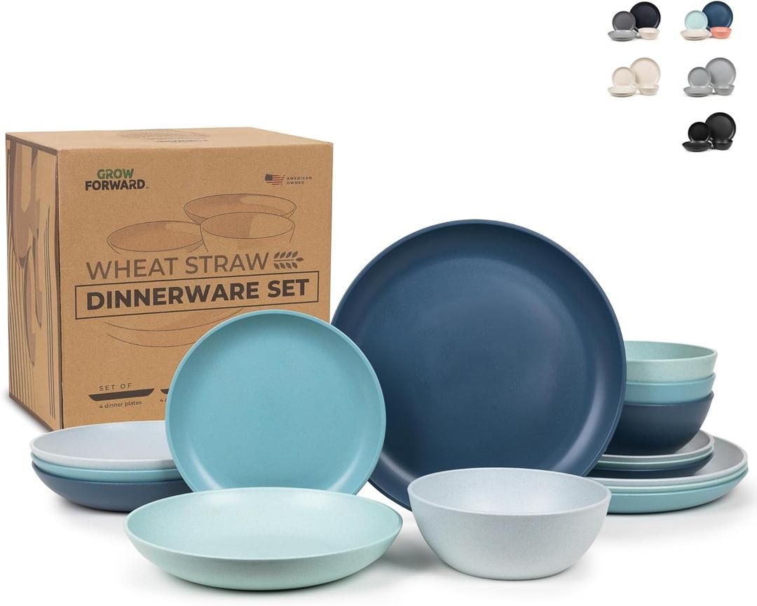 Grow Forward 16-piece Premium Wheat Straw Dinnerware Sets for 4 - Unbreakable Dishwasher & Microwave Safe Plastic Plates and Bowls Sets - Patio, Outdoors, RV, Camping Dishes - Seascape