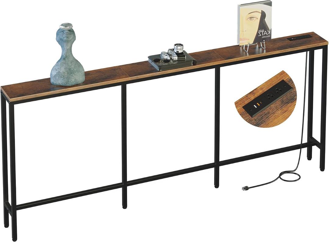 78.7" Behind Couch Table with Fast Charging Station, 7.1" Narrow Skinny Sofa Table with 2 Power Outlets, 2 USB-A, USB-C for Console Entryway, Rustic Brown, 78.7"L x 7.1"W x 32.3"H