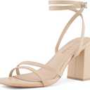 Shoe'N Tale Strappy Heels for Women Square Toe Chunky Block Heels Ankle Buckle Heeled Sandals, Size 9, Beige
