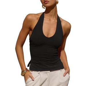 Tankaneo Women's Sexy Scoop Neck Halter Tops Backless Ruched Knit Tank Tops Summer Sleeveless Fitted Going Out Shirts, L