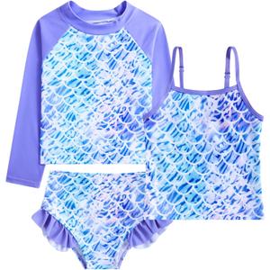 Funnycokid Girls Swimsuit 3 Pieces Long Sleeve Rash Guard Set Tankini Bathing Suits Summer Kids Swimwear 3-10 Years (6-7 Years, A-purple Mermaid)
