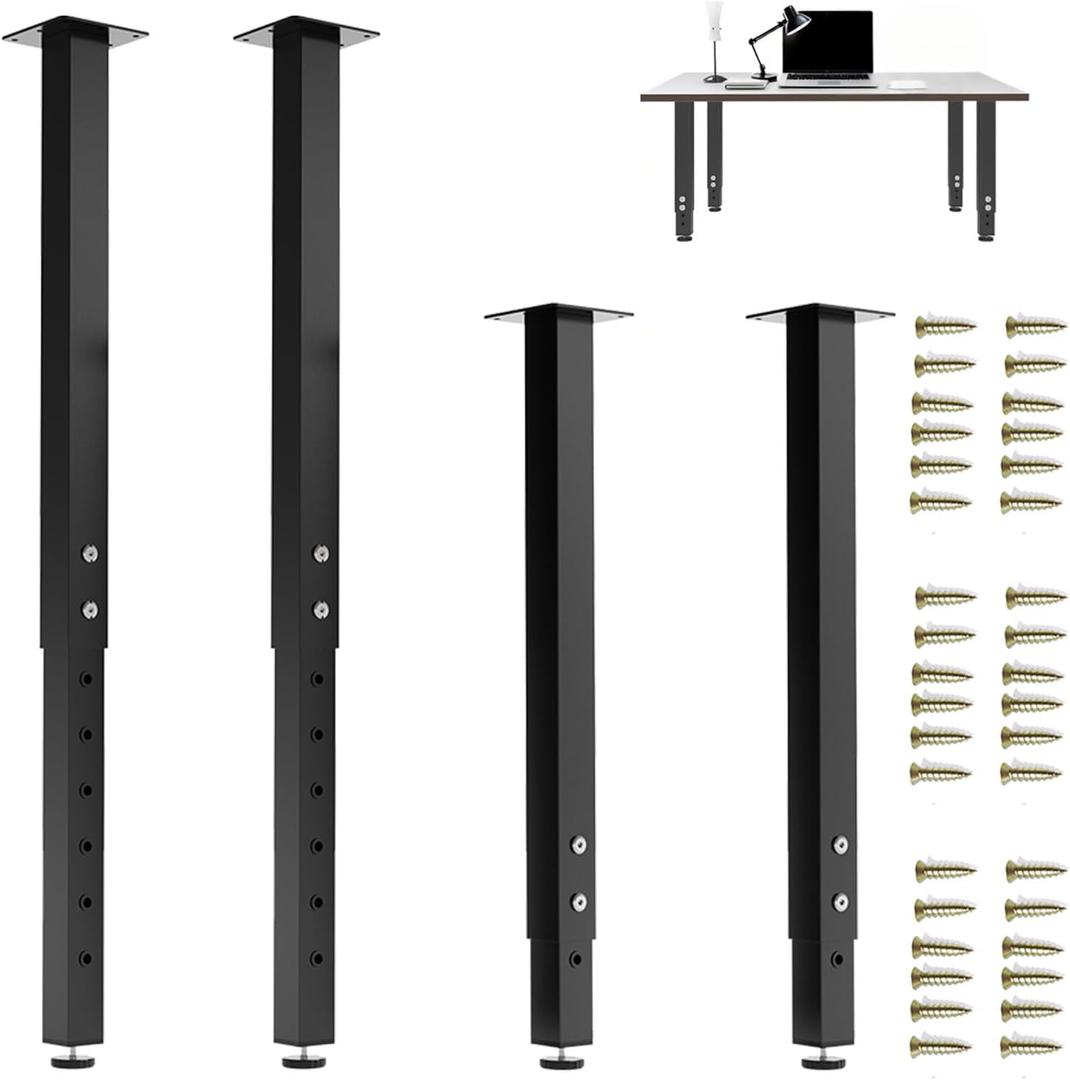 Adjustable Heavy Duty Square Table Legs 24-40 Inch, Set of 4 Metal Furniture Legs with Dual Screw Locking for DIY Desk, Workbench, Kitchen Counter - 1.77" Square Tubing, Max Load 300lbs/Leg (Black)
