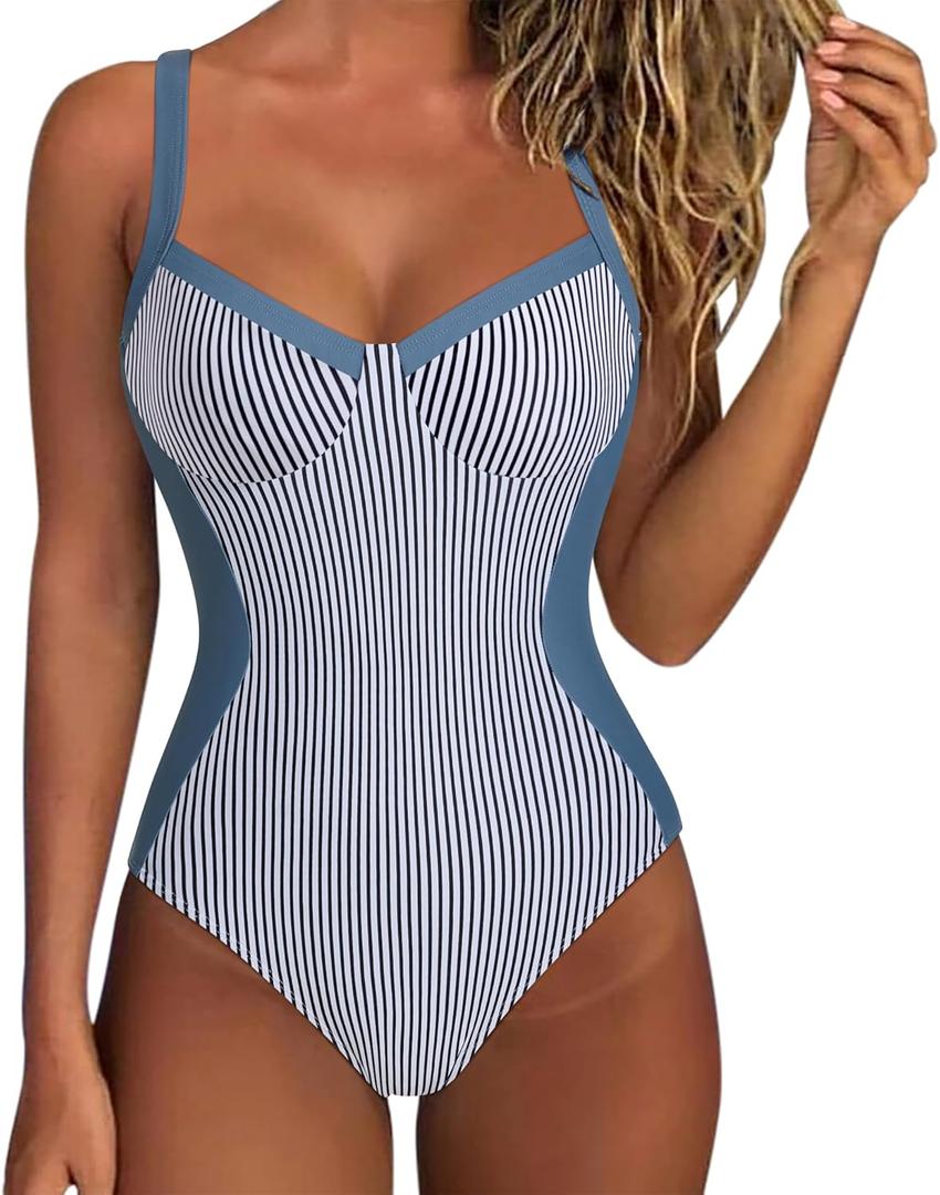 SUUKSESS Womens Tummy Control One Piece Swimsuit Sexy Crisscross Back Bathing Suit (Large, Striped Blue)
