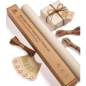 Vitalizart Textured Wrapping Paper Set 17" Roll Twine Ribbons & Tags Extra Thick All-in-One Neutral Beige Kraft Christmas Gift Wrap Birthday Baby Shower Wedding Crafts Vintage Minimalist Housewarming Flower Book