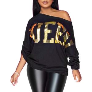 PESION Womens Off The Shoulder Tops Sexy Shiny Metallic Shirts Long Sleeves Fashion Graphic T-Shirts Blouses (Black, XL)