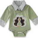 Ritatte Infant Baby Boy Girl Thanksgiving Outfit Funny Turkey Romper Bodysuits Plaid Collar Long Sleeve Onesie Fall Clothes (912Months, Green)