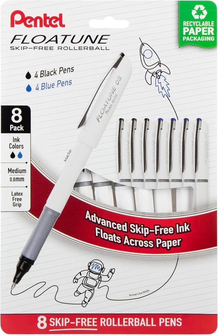 Pentel Floatune Rollerball, 0.8mm Medium Point, Black & Blue Ink, Pack of 8 Pens (BY108PF8AC)