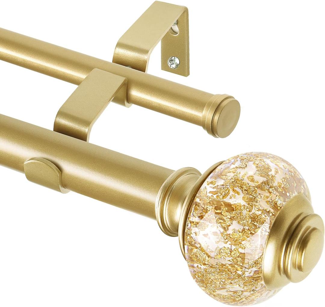 1 Inch Gold Double Curtain Rods 72 to 144 Inches (6 to 12 ft), USFOOK Drapery Rods for Windows, Telescoping Dual Curtain Rod with Luxury Translucent Finials (72-144", Luxury Gold)
