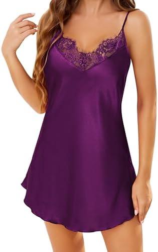 Lovasy Silk Nightgown for Women Lace V Neck Sleepwear Satin Slip Dress Sexy Lingerie Babydoll Chemise Negligee, Dark Purple M