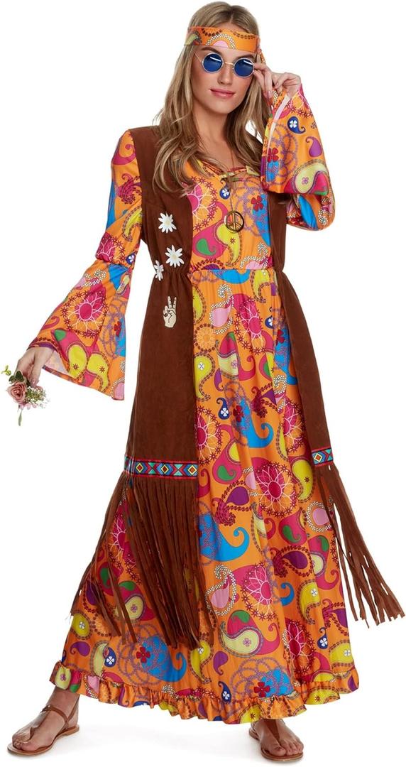 Morph Long Hippie Costume For Women, 70s Hippie Dresses, Retro 60s Style Outfit, Vintage Festival Wear (XX-Large)