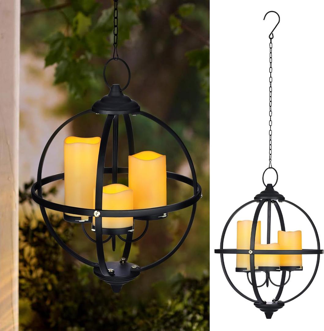 Battery Operated Outdoor Candle Chandelier - Black Metal Globe Hanging Pendant Light with 3 Flameless Candles, 12.6" Waterproof Lights for Gazebo, Pergola, Garden, Porch & Backyard