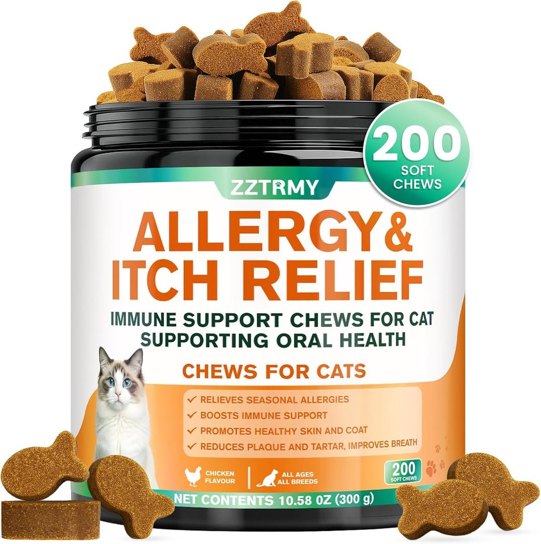 Cat Allergy Relief Chews,Itchy Skin,Paw Licking,Seasonal Allergies Relief, with Omega 3,Probiotics,Green Tea Extract,Boost Immunity,Skin Coat Health,Maintain Oral Health, Allergy Relief for Cat, EXP:  03/01/2028