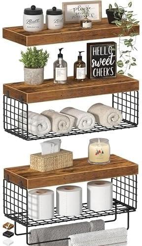 KLUVIS Bathroom Floating Shelves Over Toilet - Shelf Above Toilet Storage Small Farmhouse Decor Shelves (15.7 inch, Set of 3, Rustic Brown)
