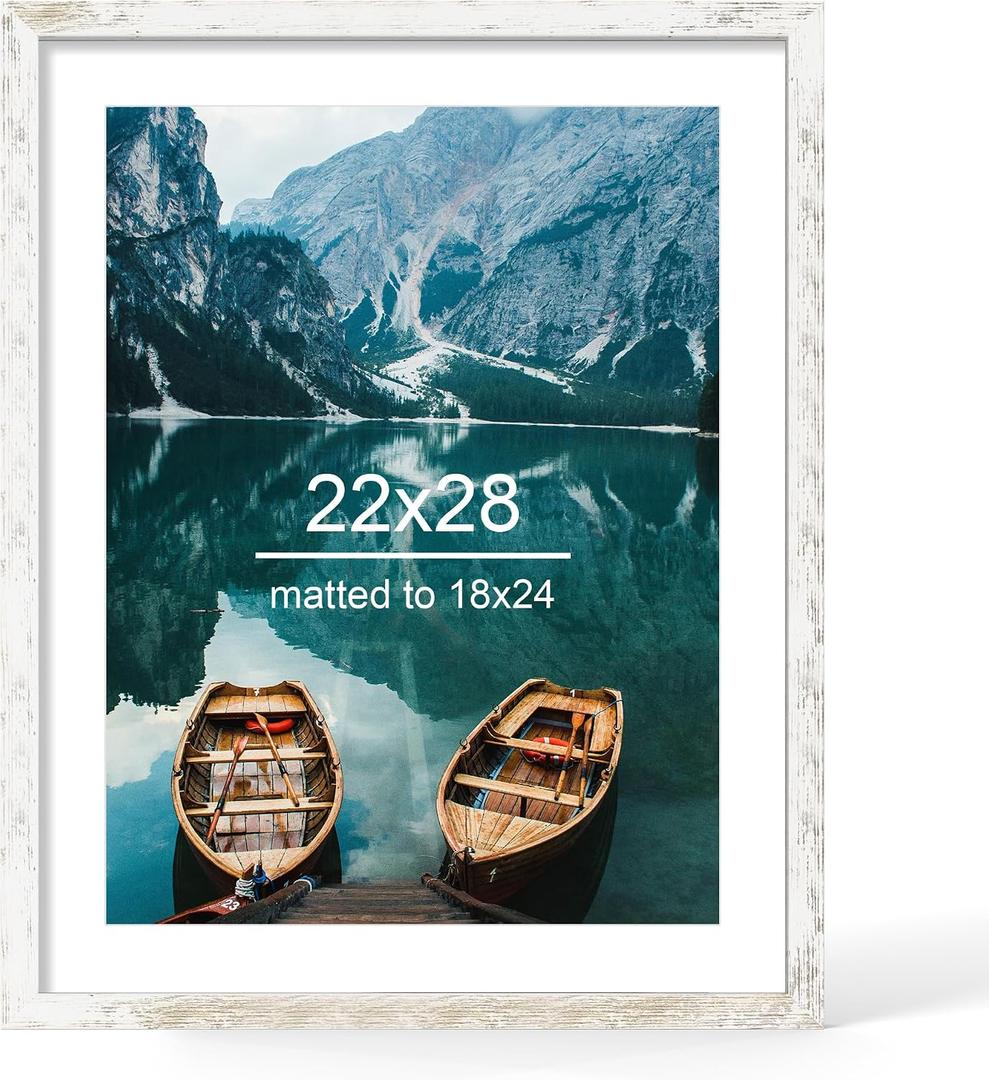 Hongkee 22x28 Picture Frame, Distressed White Wood Style, Wall Mounting | Display Posters 18 x 24 with Mat or 22 x 28 without Mat, 1 Pack for Photos, Artwork; Fits Home, Office & Gallery Wall Decor