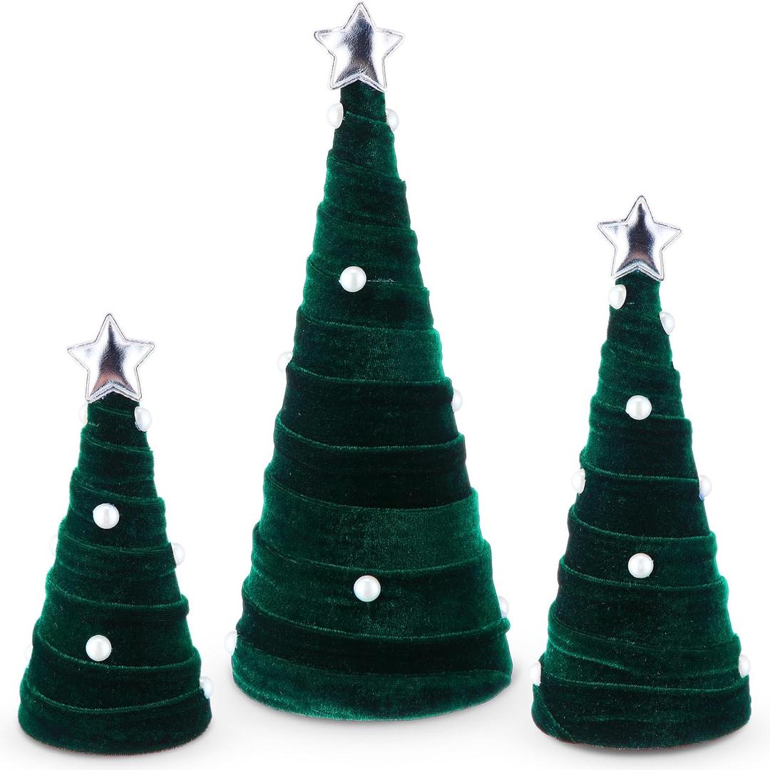 Leitee 3 Pcs Christmas Green Velvet Trees, Cone Table Decorations Modern Christmas Tabletop Centerpieces Trees Winter Decor Tree Tiered Tray with Pearls and Stars for Entryway Mantle Home Farmhouse