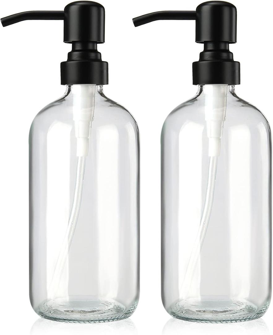 AmazerBath Soap Dispenser, 2 Pack Glass Soap Dispenser with Stainless Steel Pump, 17 Oz Bathroom Hand Soap Dispensers Bottle for Bathroom & Kitchen, Clear & Black