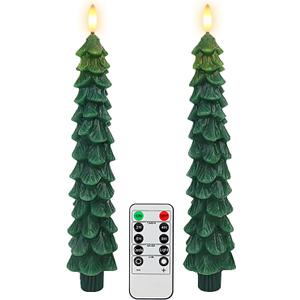 Warmhere Christmas Tree Candles with Remote Timer, 2 Pack Flameless LED Taper Candles Battery Operated, 3D Flame Flickering, Green Waxy Christmas Candlesticks for Home Fireplace Decor, 0.78" x 9.5"