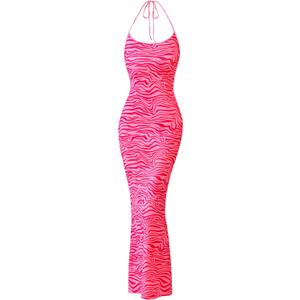 PRETTYGARDEN Maxi Dresses for Women 2025 Summer Halter Leopard Print Backless Sexy Bodycon Cocktail Beach Long Dress (Medium, Zebra Rose Red)