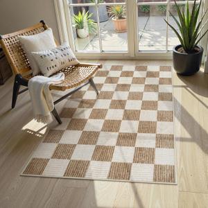 LIVEBOX 3x5 Washable Area Rug Checkered, Non-Slip Small Entryway Rug Brown Farmhouse Neutral Classic Geometric Boys Rug for Bedroom Room Low-Pile Carpet for Indoor Kitchen Bathroom(Brown 3'x5')