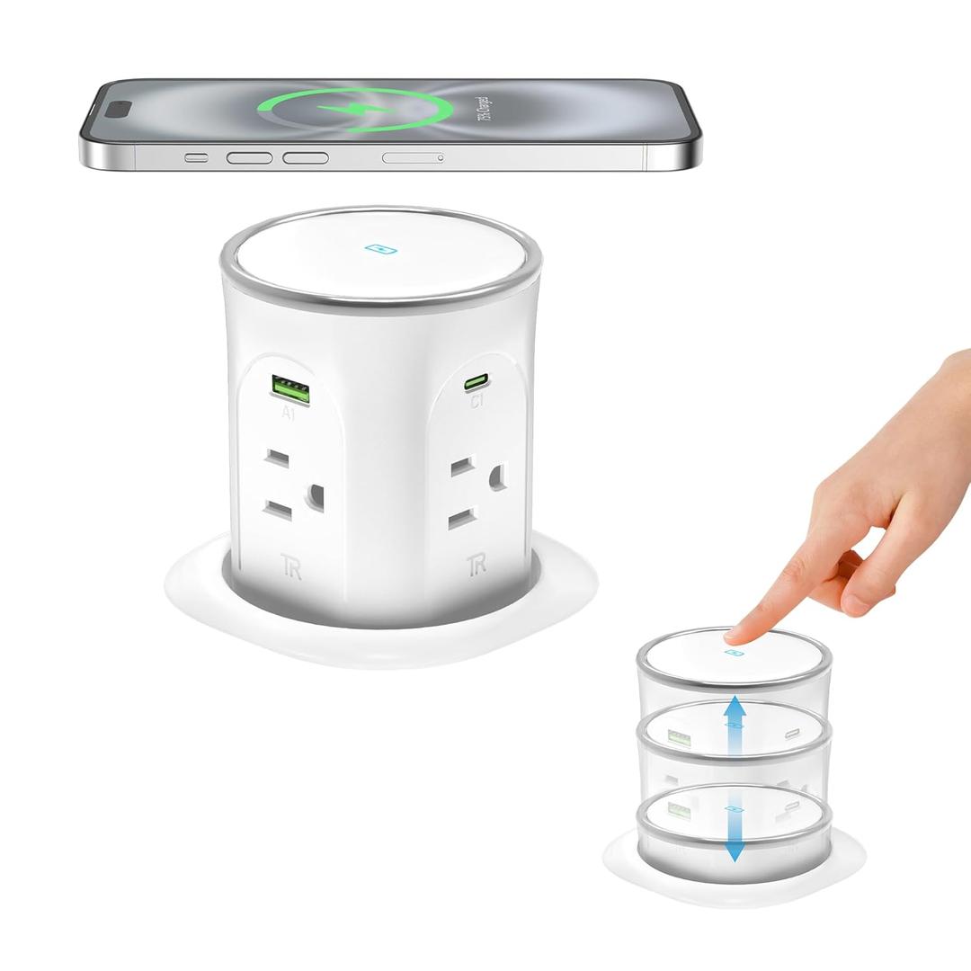 Motorized Pop Up Outlet,2 PD 45W USB C Charging Station, 3.15 in Hole Desktop Power Grommet Electrical Power Outlets Insert in 4AC 4 USB Ports 15W Wireless Charger for Kitchen Countertop