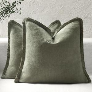 Boho Decorative Throw Pillow Covers with Fringe for Couch, Living Room, Bed Set of 2, 18x18 Inches, Olive Green