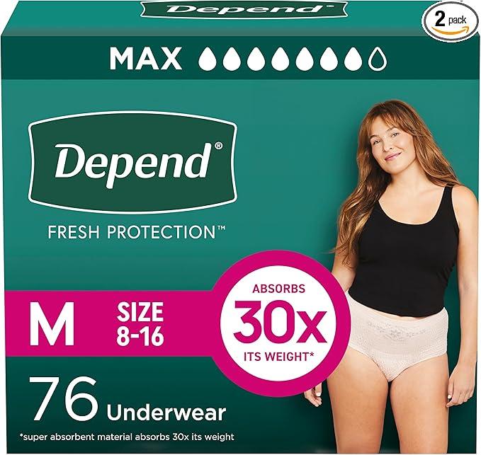 Depend Fresh Protection Adult Incontinence & Postpartum Bladder Leak Underwear for Women, Disposable, Maximum, Medium, Blush, 76 Count (2 Packs of 38), Packaging May Vary