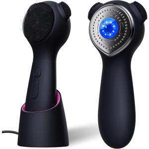 Silicone Face Scrubber Exfoliator Electric for Men Women, Rechargeable Facial Cleansing Brush with Wireless Charging Dock, Waterproof Sonic Vibrating Face Scrub Brush Cleanser for Exfoliating, Black