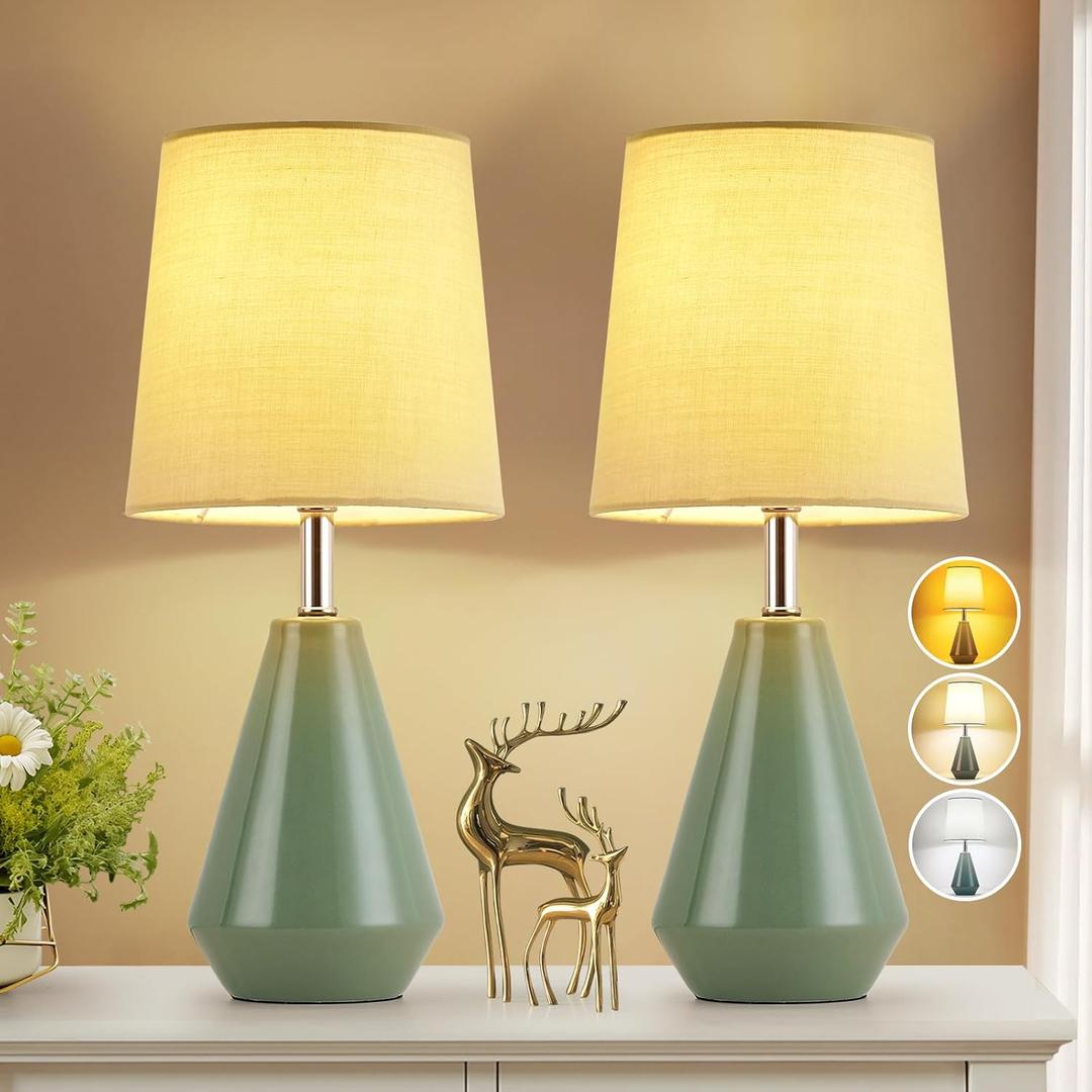 Small Bedside Table Lamp for Bedroom-Reading Desk Lamp Set of 2,with 3 Color Temperatures,15.5" Nightstand Ceramic Lamp with Fabric Shade for Kids Room,Living Room,Dorm,Home Office (Green) Small Bedside Table Lamp for Bedroom-Reading Desk Lamp Set of 2,with 3 Color Temperatures,15.5" Nightstand Ceramic Lamp with Fabric Shade for Kids Room,Living Room,Dorm,Home Office (Green)