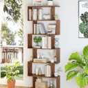 Yusong Geometric Bookcase, Bookshelf 6-Tier S Shaped Book Shelves for Bedroom, Modern Wood Decorative Display Shelf Tall Book Case for Home Office, Rustic Brown, 27.8"W x 9.4"D x 74"H