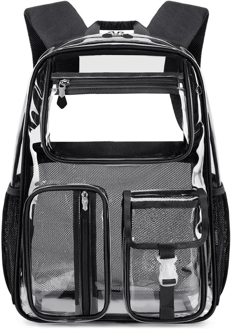 Cusangel Heavy Duty Clear Backpack Clear BookBag,16 x11 x5inch TPU Large Capacity See Through Backpack for Sport Events,Travel (Black)