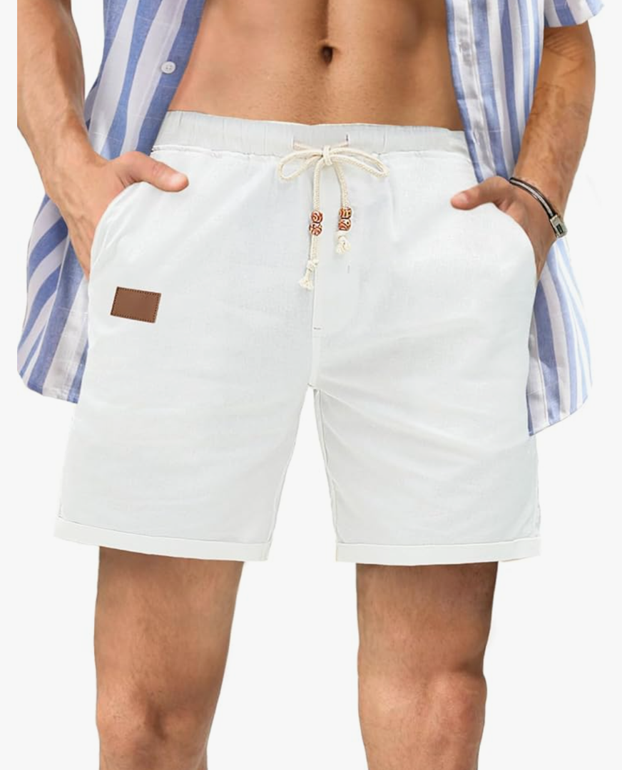 JMIERR Mens Casual 5"/ 7" Cotton Linen Shorts - Elastic Waist Drawstring Summer Beach Shorts with Pockets M