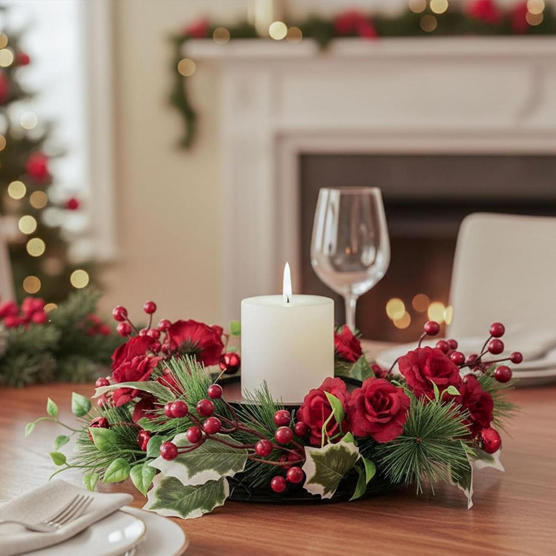 MOYEE Centerpieces for Tables,Garland,Candle Holder,Wall Decor,Mantle Decorations,Wreaths for Front Door, Decorations, Black Metal 14 in (Red Rose)