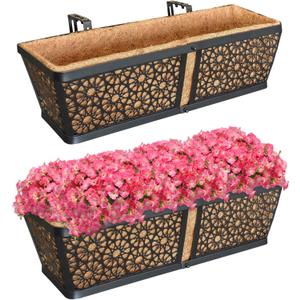 ZeeDix 2 Packs 24" Window Box Railing Planter with Coco Liner, Metal Black Hanging Flower Planter Deck Railing Boxes with Coir Liner for Outdoor, Fence, Porch and Patio (24in-2pcs)