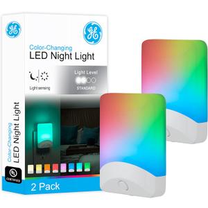 GE Color Changing LED Night Light for Kids, Dusk to Dawn Sensor, Home Decor Apartment Essentials, Wall Lights for Bedroom, Ambient Lighting, Nightlights Plug In, 2 pack, 46722-P1
