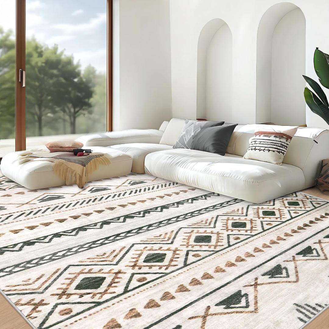 Area Rug Living Room Rugs 8x10 - Large Soft Boho Geometric Rug, Non-Slip Foldable Washable Rugs Non Shedding Morden Indoor Floor Carpet for Living Room Bedroom Office Dining Room(Brown Green,8'x10')