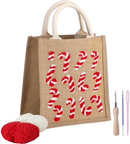 Sunnymove Christmas Candy Cane Punch Needle Kit for Beginners, Complete Punch Tote Bag Set with Pattern and Tool, DIY Embroidery Starter Kit, Easy Festival Craft Gifts and Decoration 9 x 9.8 inch