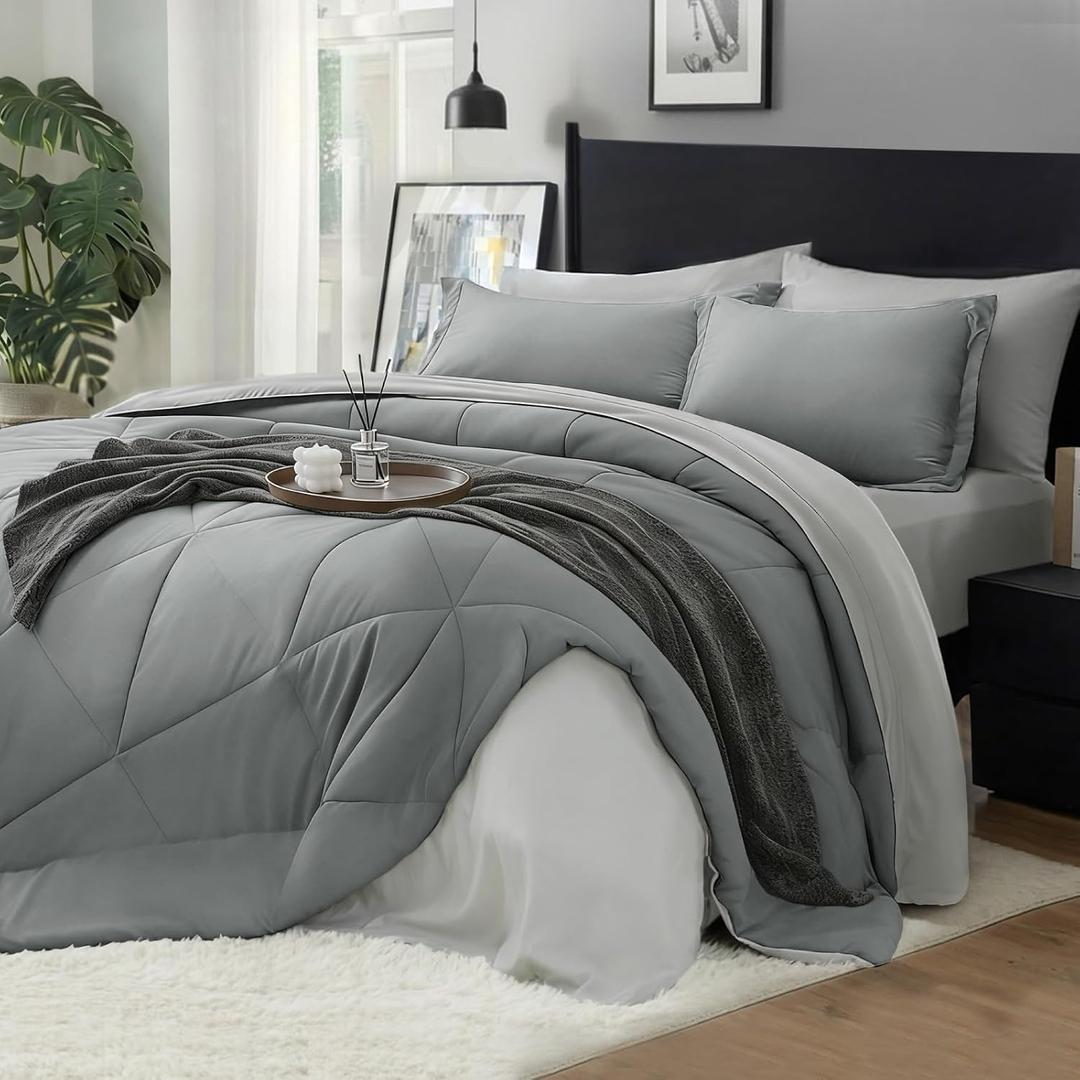 BEDELITE Twin XL Comforter Set 5 Pieces Bed in A Bag - Soft Microfiber Reversible Twin Extra Long Grey Bed Set with Comforters, Sheets, Pillowcase & Sham, Cozy Bedding Sets for College Dorm Room