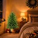 ENVEN 3FT Prelit Artificial Cedar Christmas Tree with Lights Plug in Power, Faux Cedar Potted Christmas Tree in Decorative Wicker Basket, Realistic Indoor Outdoor Holiday Decoration