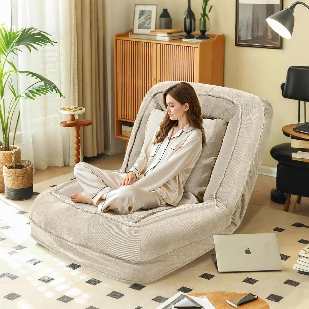 Upholstered Human Dog Bed for Adult Foldable, Convertible Lazy Sofa with 5 Adjustable Positions, Comfy Tatami Bean Bag Sofa with 2 Soft Pillows for Bedroom, Living Room, Office (Beige)