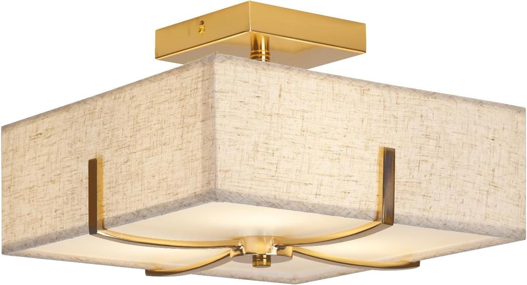 Modern Semi Flush Mount Ceiling Light Fixture, 12" Drum Fabric Linen Shade, Gold Square Design for Bedroom, Living Room, Dining Room, Kitchen - Stylish Flush Mount Ceiling Light