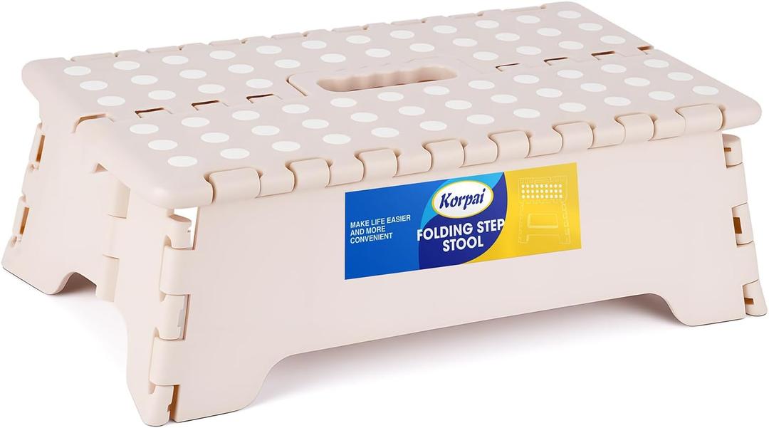 Korpai 5" Folding Step Stool for Adults and Kids 15-Inch Extra Wide Stool Holds Up to 300 lbs, Non-Slip Folding Stools with Handle,  Compact Plastic Foldable Step Stool for Bathroom, Kitchen, ect, Khaki