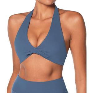 Sunzel Women's Halter Neck Sports Bra, Twist Front Yoga Crop Top with Removable Pads, Open Back V Neck Bra for Gym Workout (Black)