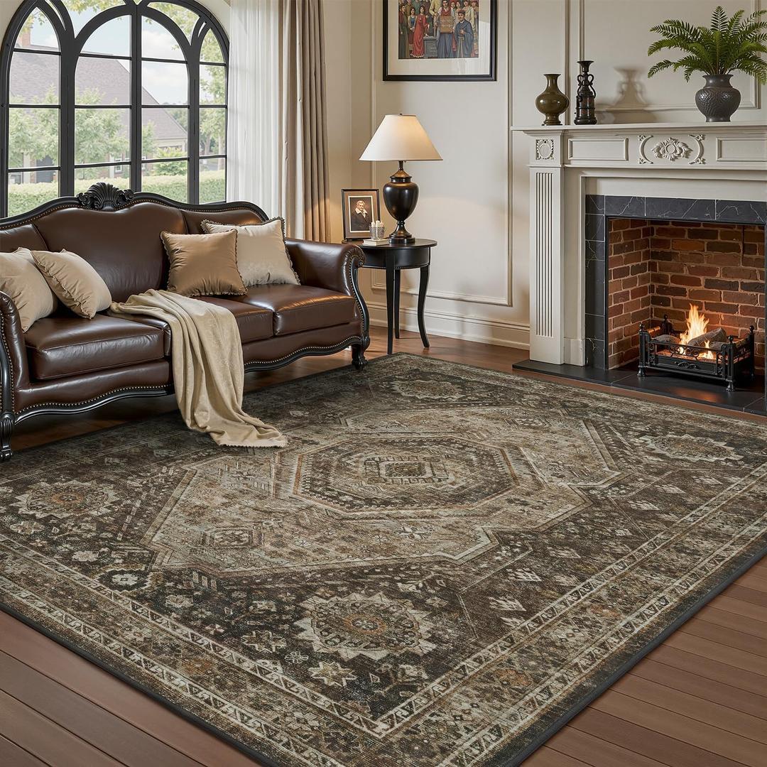 RESARE-Area Rug 6X9 Rug for Living Room-Machine Washable Rugs for Bedroom-Soft Vintage Brown Non Slip Carpet- Rug for Dining Room Office Under Bed or Table (6ft X 9ft)