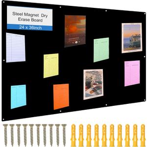 Ireer Magnetic Board Steel Magnet Bulletin Boards for Walls to Display Magnetic Notes Photos for Home Office Classroom, Pre Drilled with Screws and Dry Wet Erase Feature(Black,24 x 36 Inch)