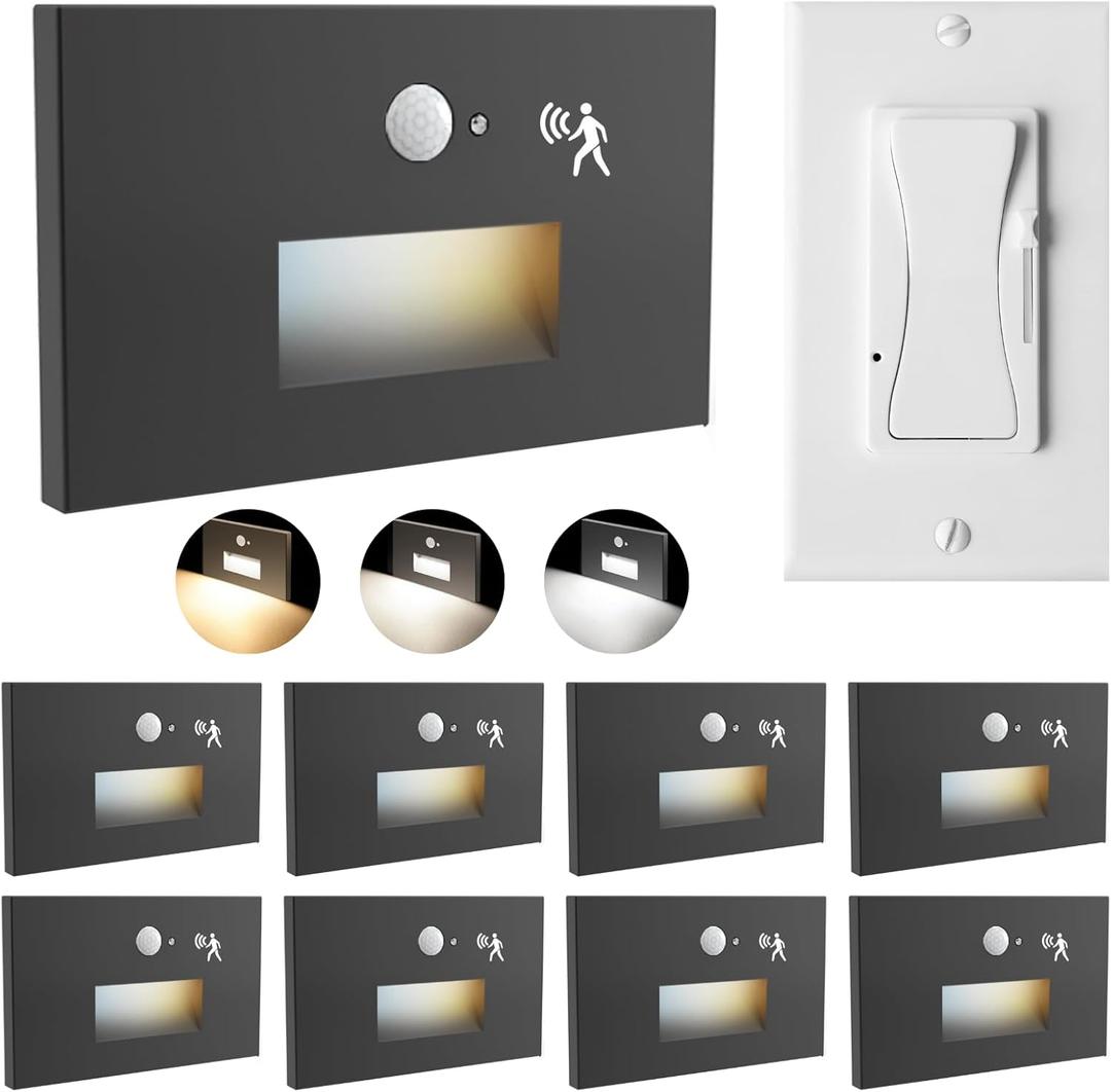 8 Pack Motion Sensor LED Step Lights, 3CCT 120V Hardwired Indoor Outdoor Stair Light, 3.5W 150LM 5%-100% Dimmable Waterproof Staircase Light, 3000K/4000K/6000K, Dimmer Switch, ETL, Black