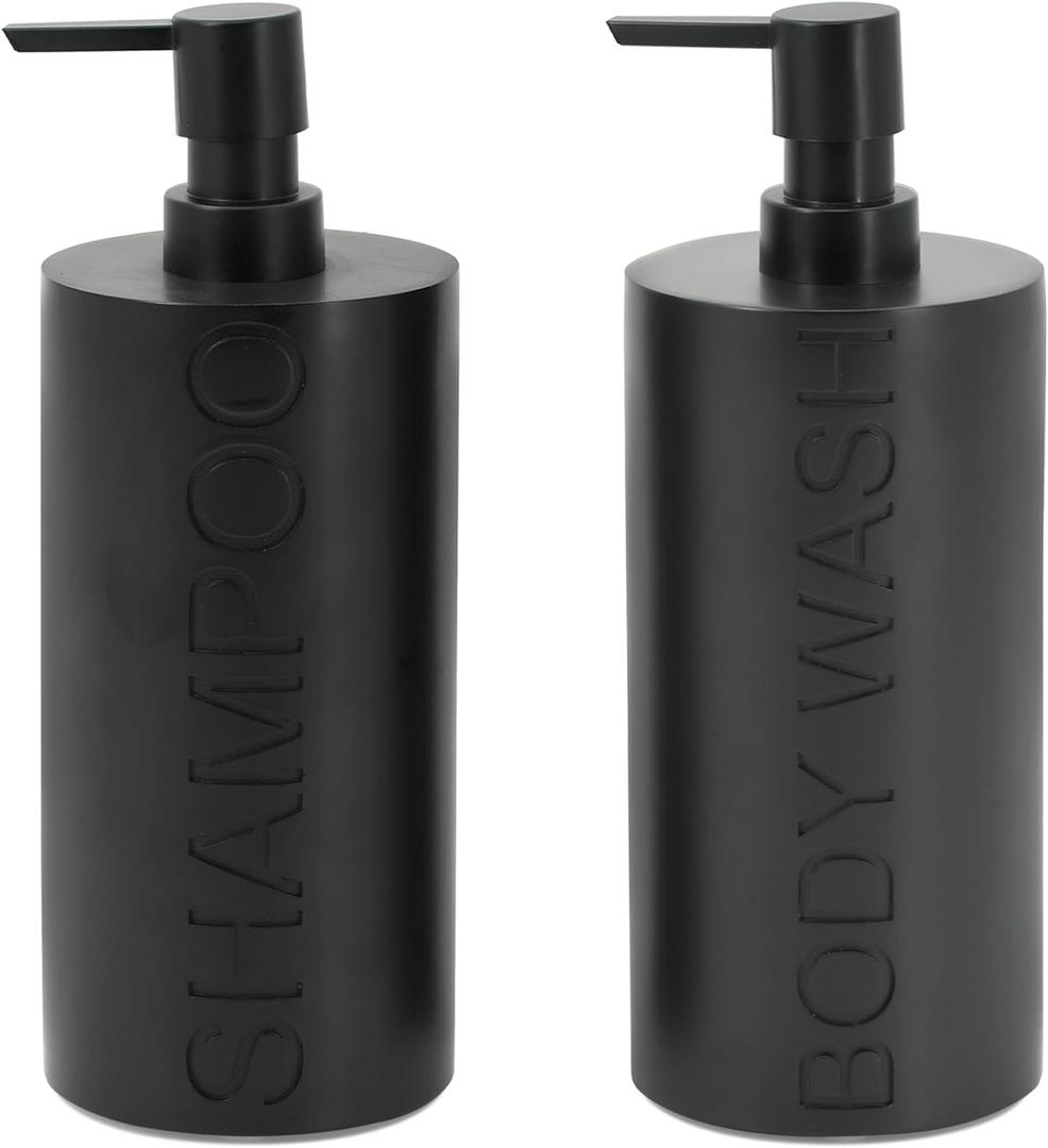 2-Pack Matte Black Resin Refillable Shampoo & Body Wash Bottles Modern Bathroom Pump Dispenser Set, Durable Resin Shower Containers with Embossed Labels, Reusable Pump Bottle