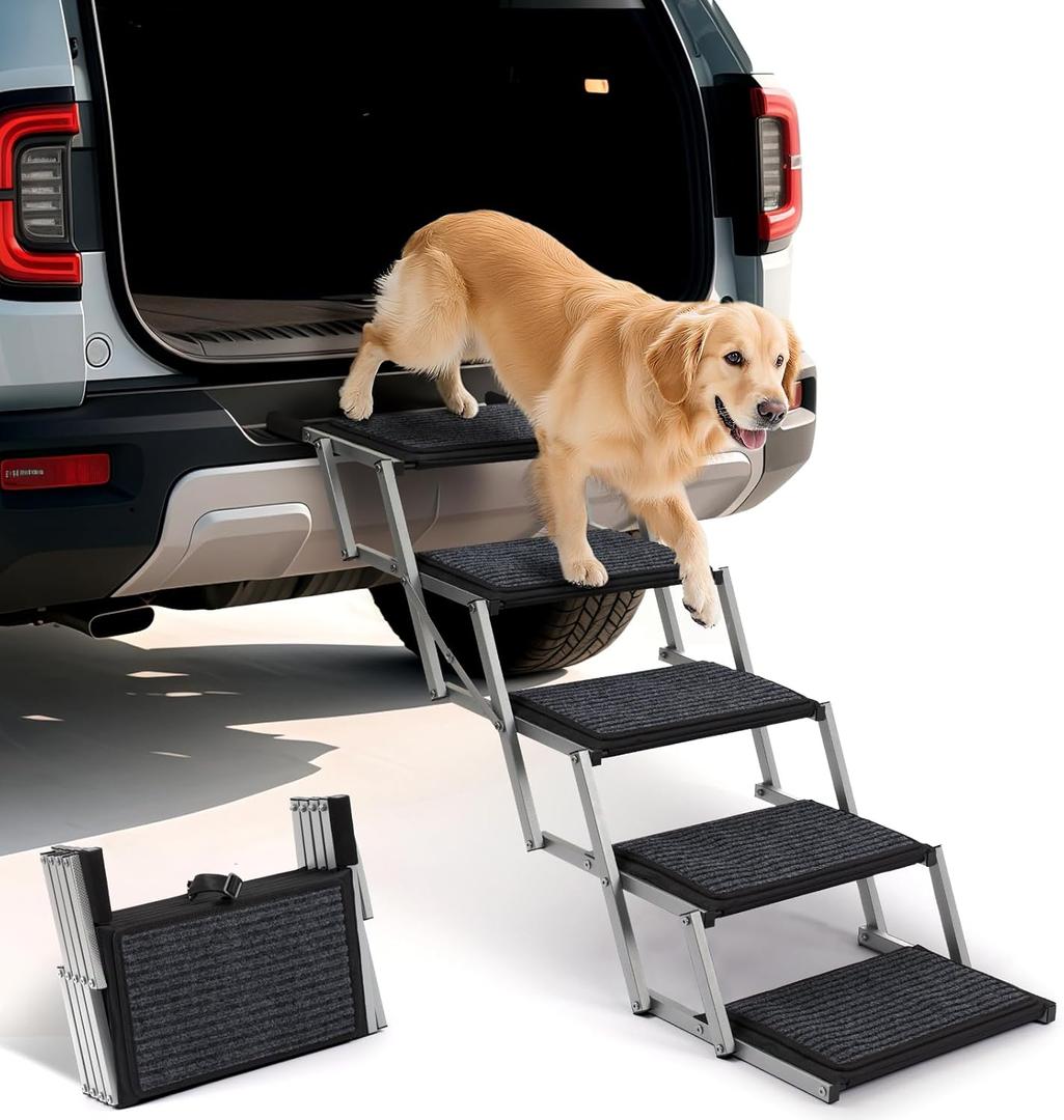 Dog Steps for Car, Truck and SUV - Foldable Pet Stairs for Large Dogs with Non-Slip Rug Surface, Lightweight Dog Ramp Holds Up to 250lbs, 5 Steps